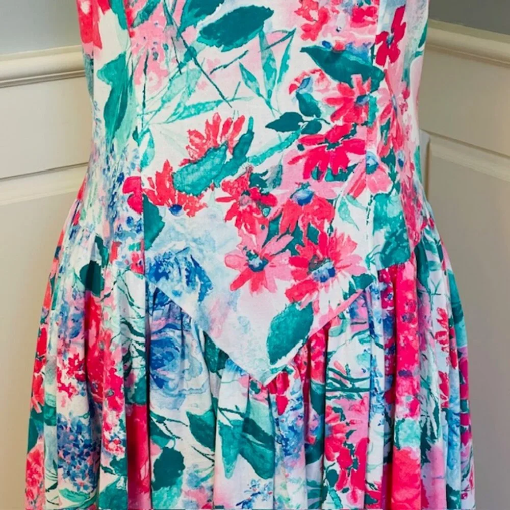 Vintage Leslie Lucks Petite Floral Cottagecore Dress Fit & Flare Bows 80's Small - Picture 3 of 8